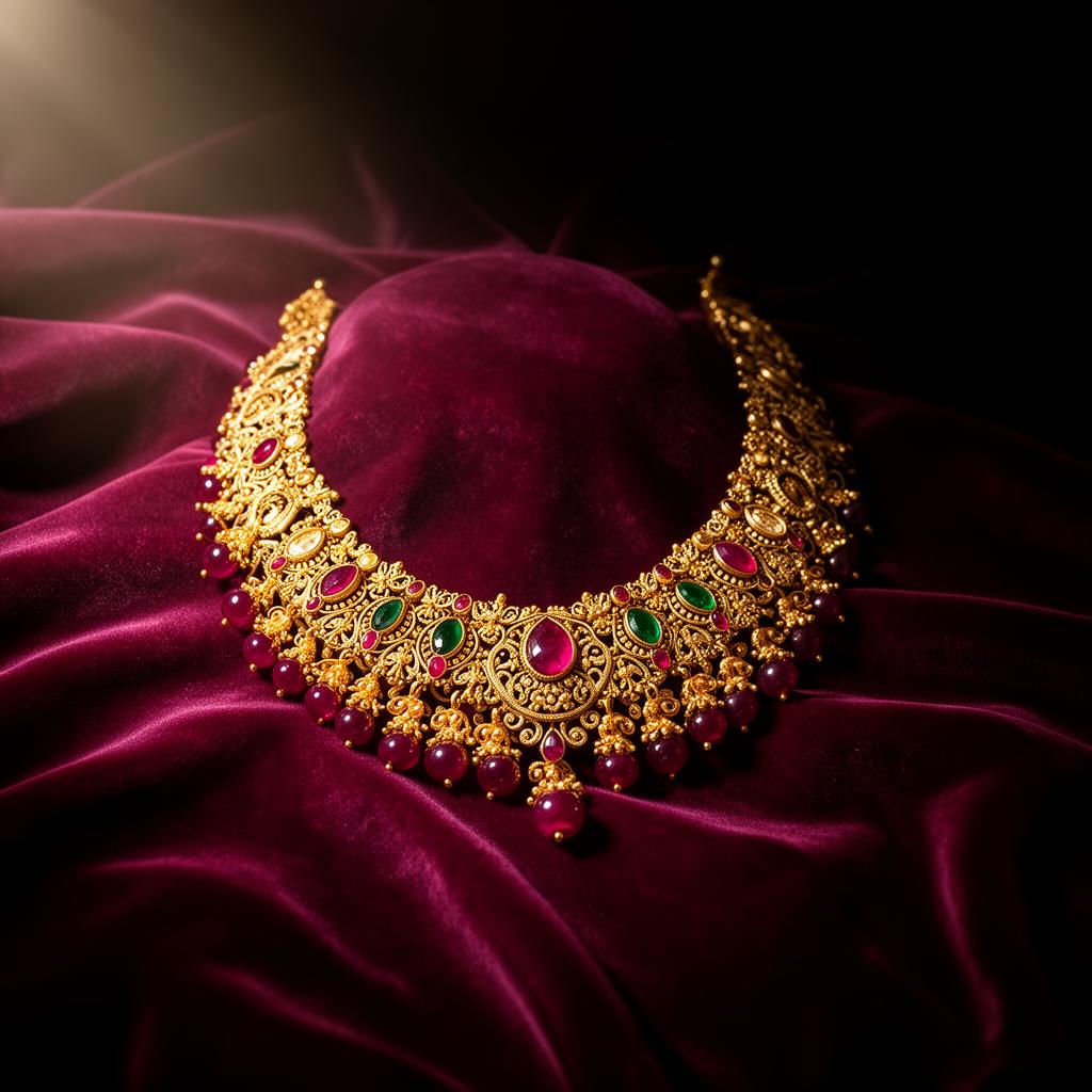 Heritage gold necklace with rubies and emeralds on maroon velvet